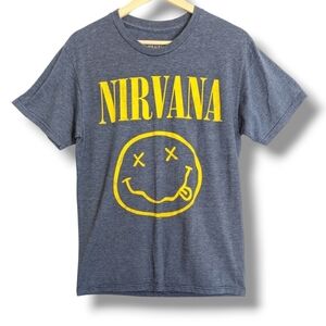 Nirvana Graphic Print Tee Small Blue Smiley Face Music Band T-shirt